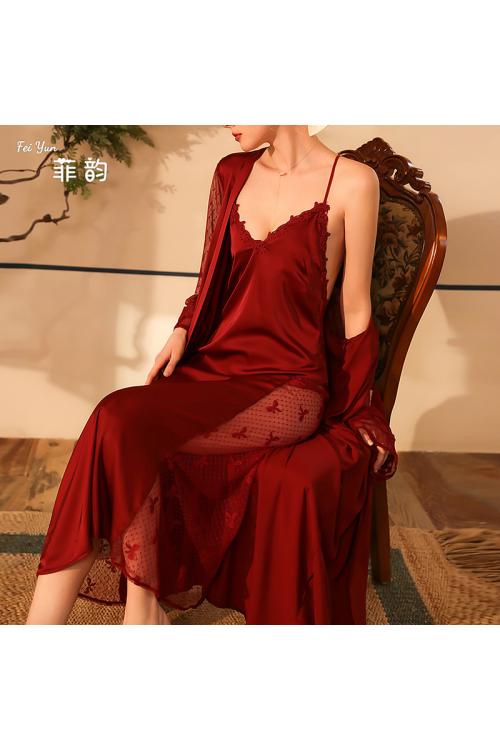 رداء نوم ساتان طويل مثير للأزواج - ملابس نوم أنيقة بنقوش دانتيل للنساء